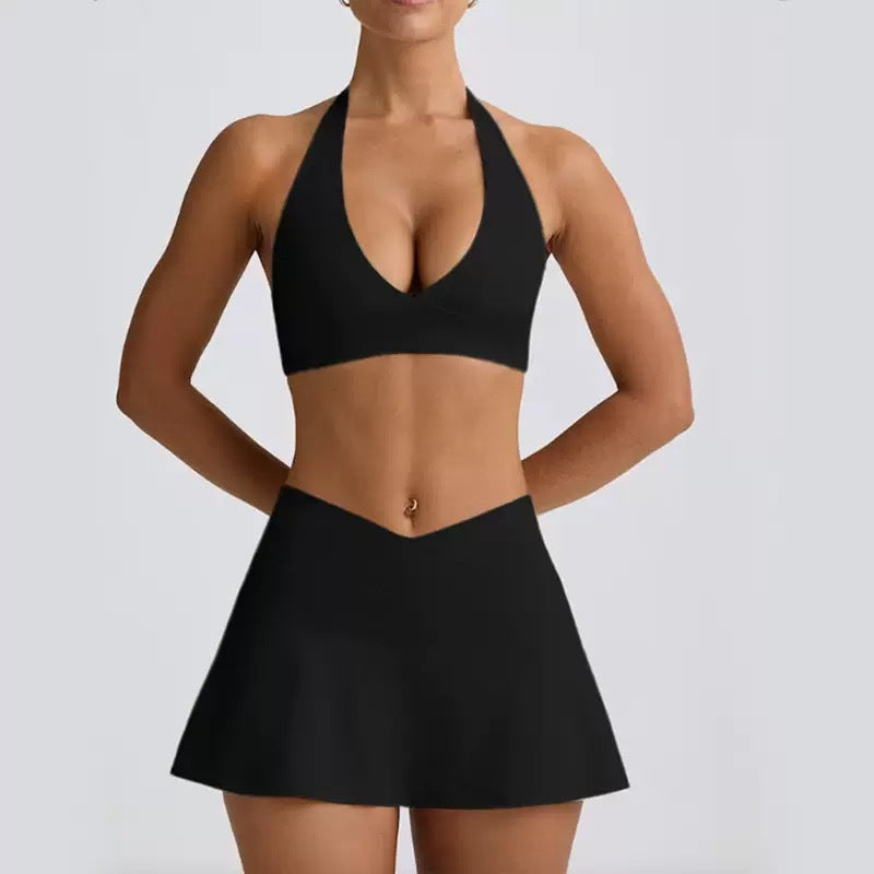 Sculpt Tennis Skirt Set – Halter Sports Bra & High Waist Skirt